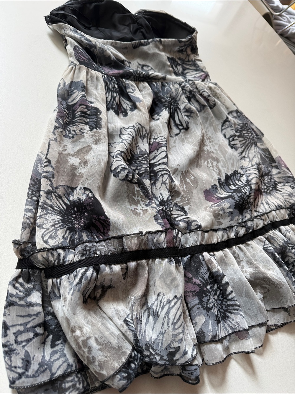 C. Luce Strapless Floral Empire Waist Mini Dress, Ruffle Hem, Size M - Picture 5 of 15
